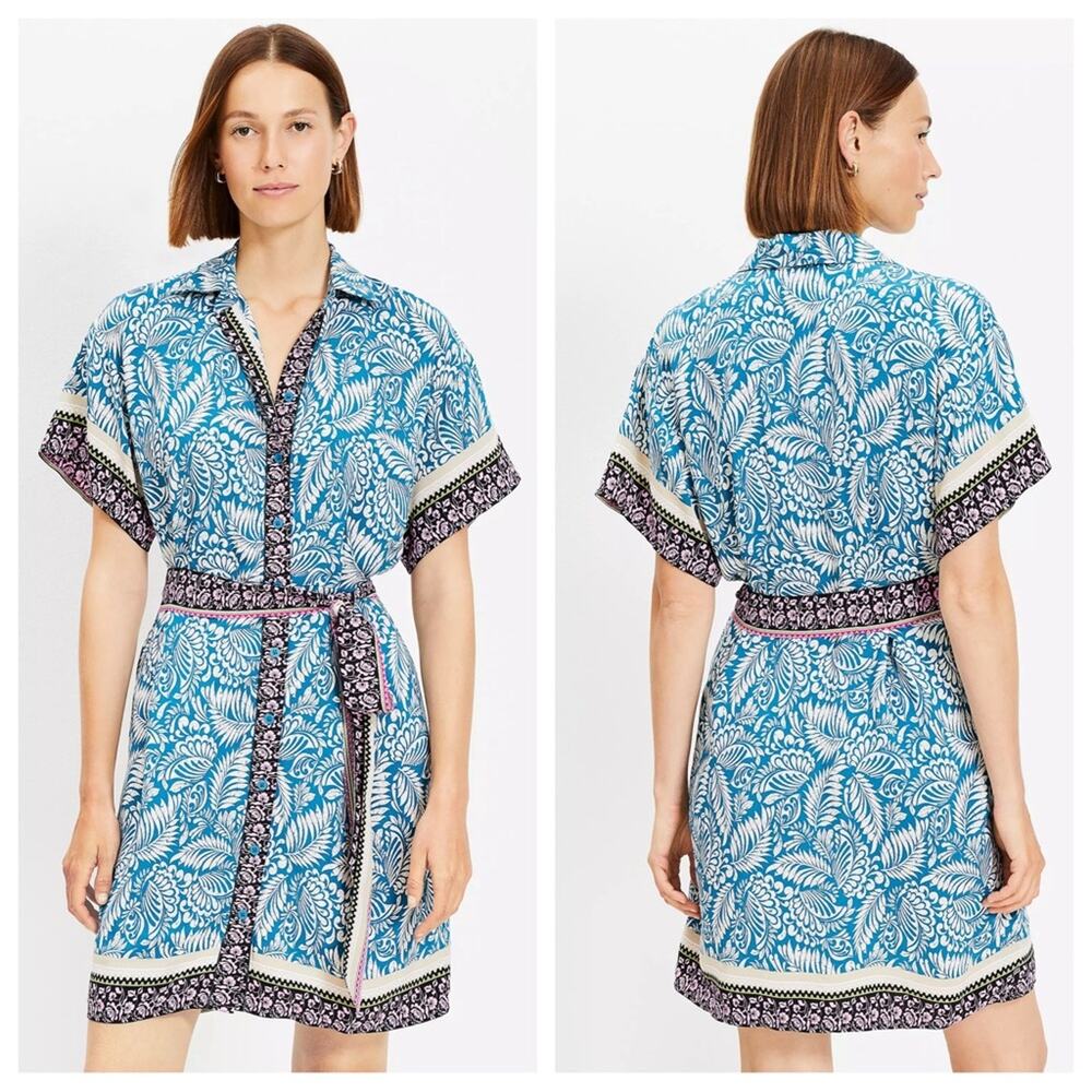 NEW LOFT Palm Collared Tie Waist Mini Dress in Grotto Teal - Size 4